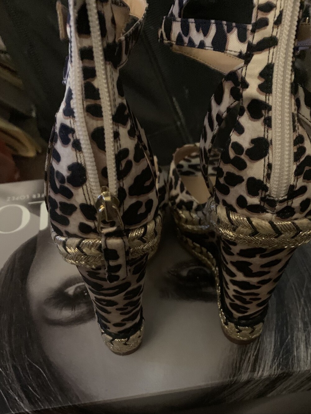 Jennifer Lopez Leopard-Print Wedge Sandals with Gold Trim - Picture 3 of 6
